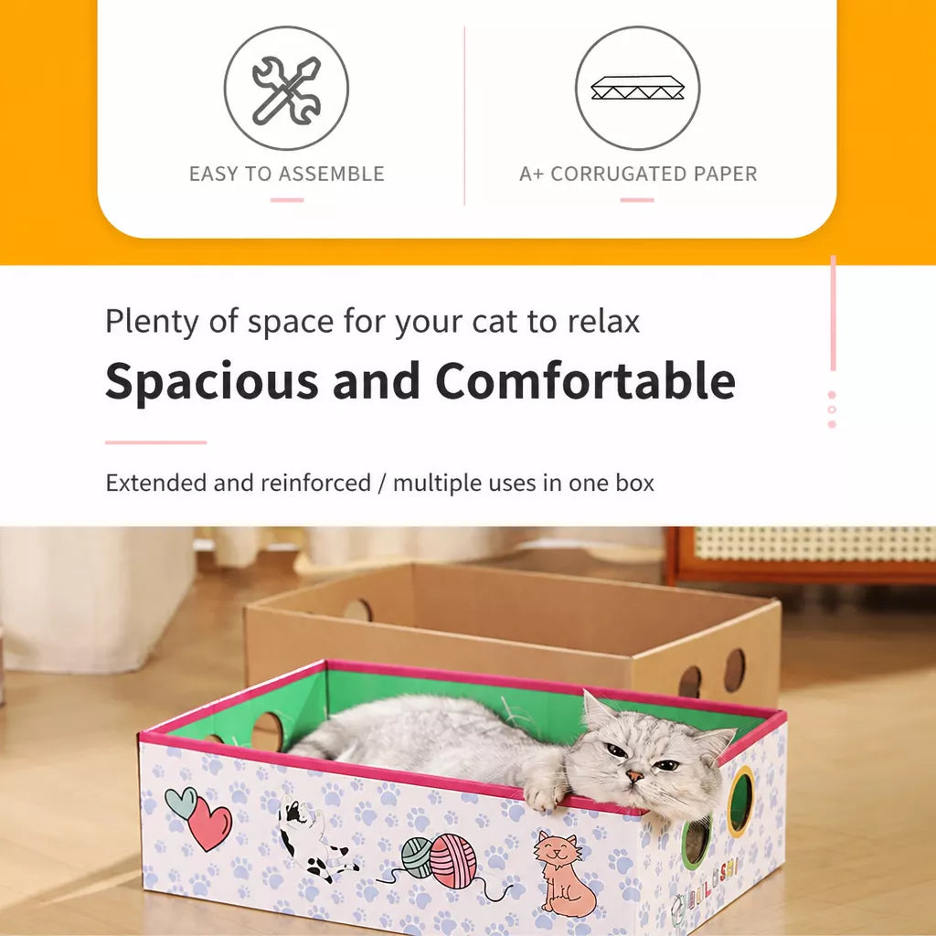 Corrugated Cardboard Cat House with Integrated Scratcher