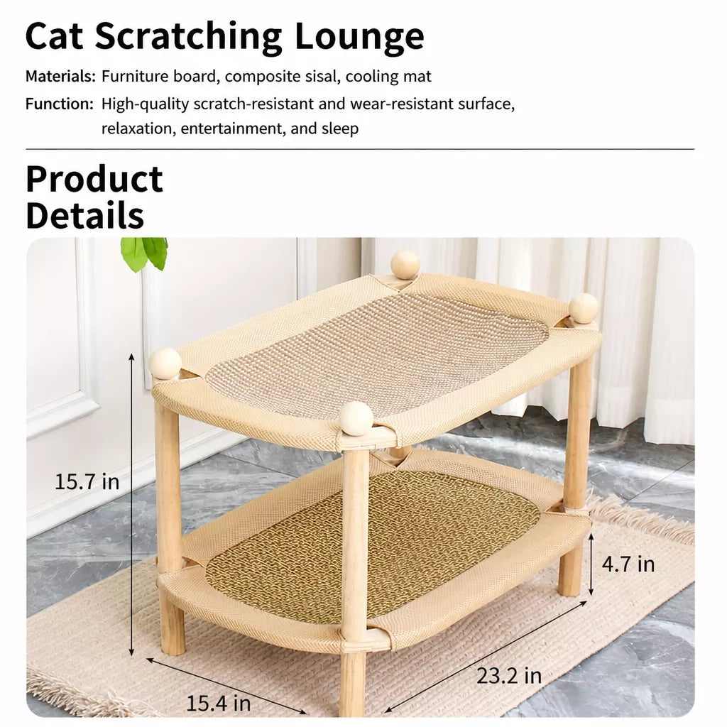 Two-Tier Wooden Cat Bed with Sisal Scratcher and Woven Mats