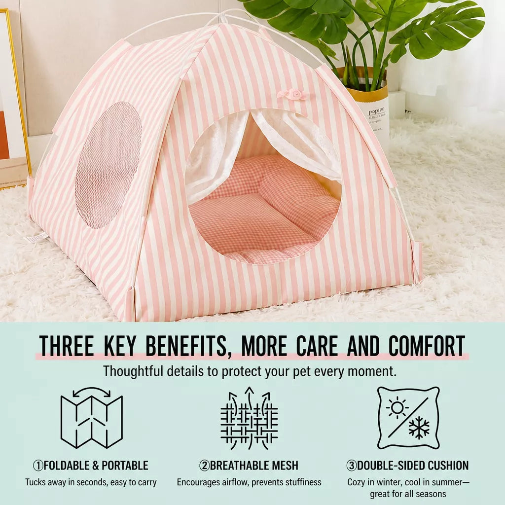 Indoor Tent Bed for Cats and Dogs with Reversible Cushion