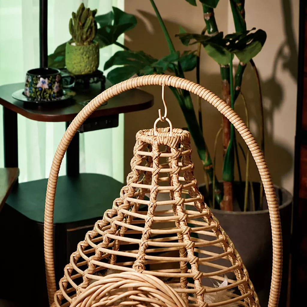 Handwoven Rattan Hanging Pet Bed with Cushion