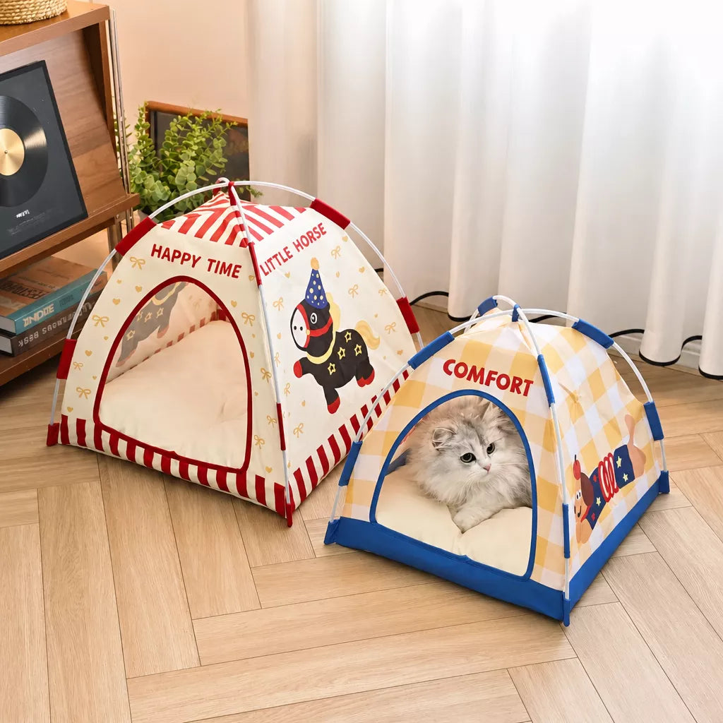 Semi-Enclosed Foldable Pet Tent Bed for Cats and Small Dogs