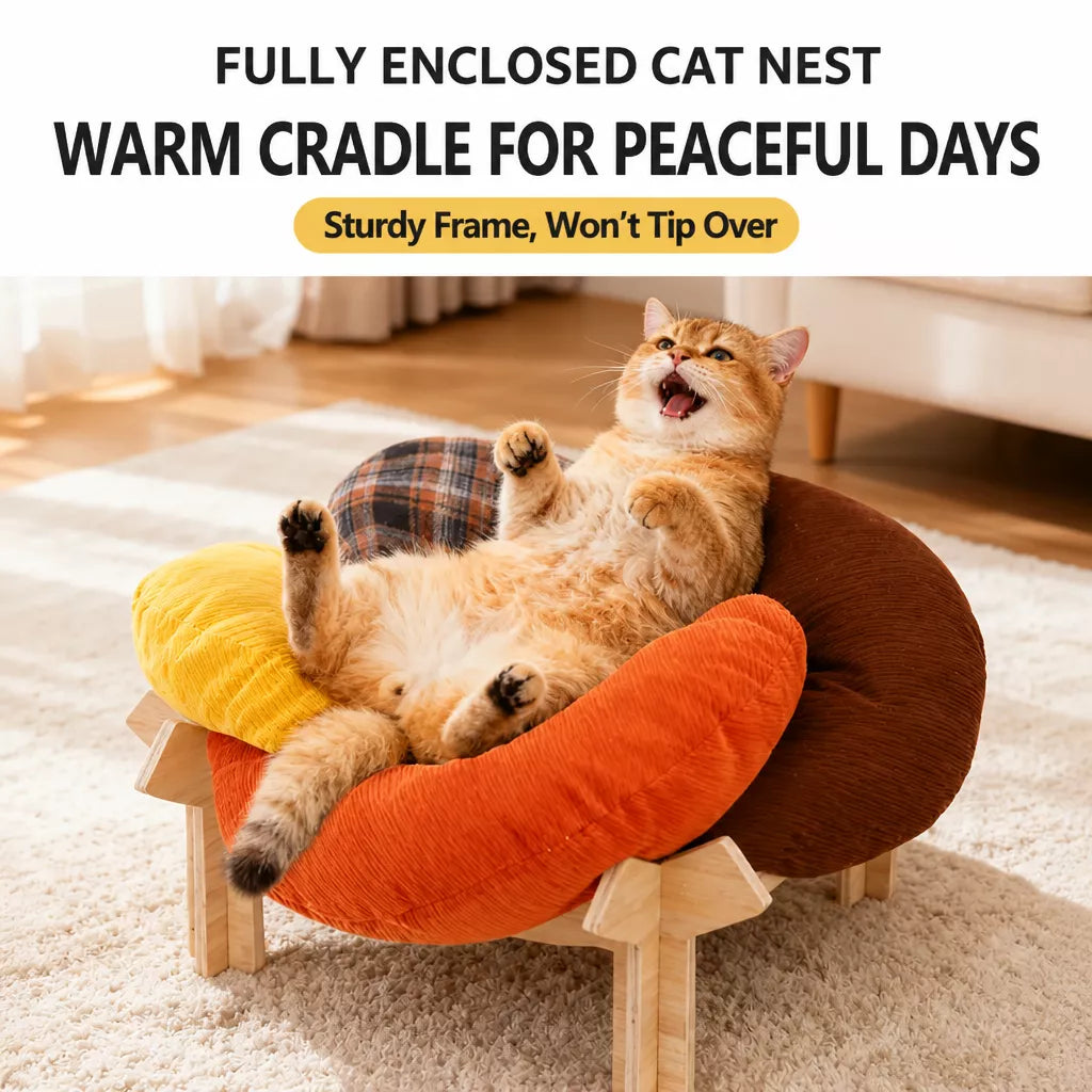 Flower-Shaped Pet Bed with Wooden Stand for Cats & Small Dogs