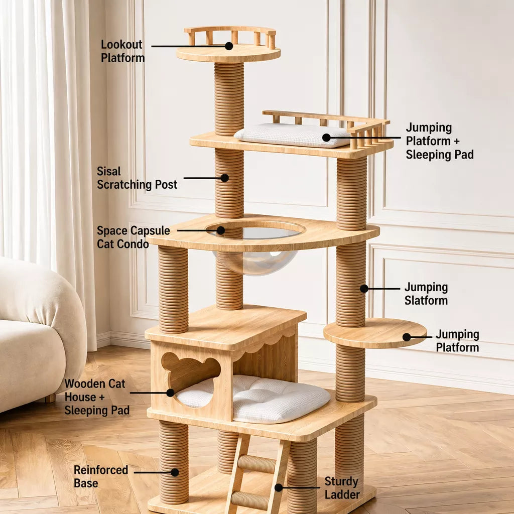 Solid Wood Cat Tree with Hideaways and Climbing Platforms