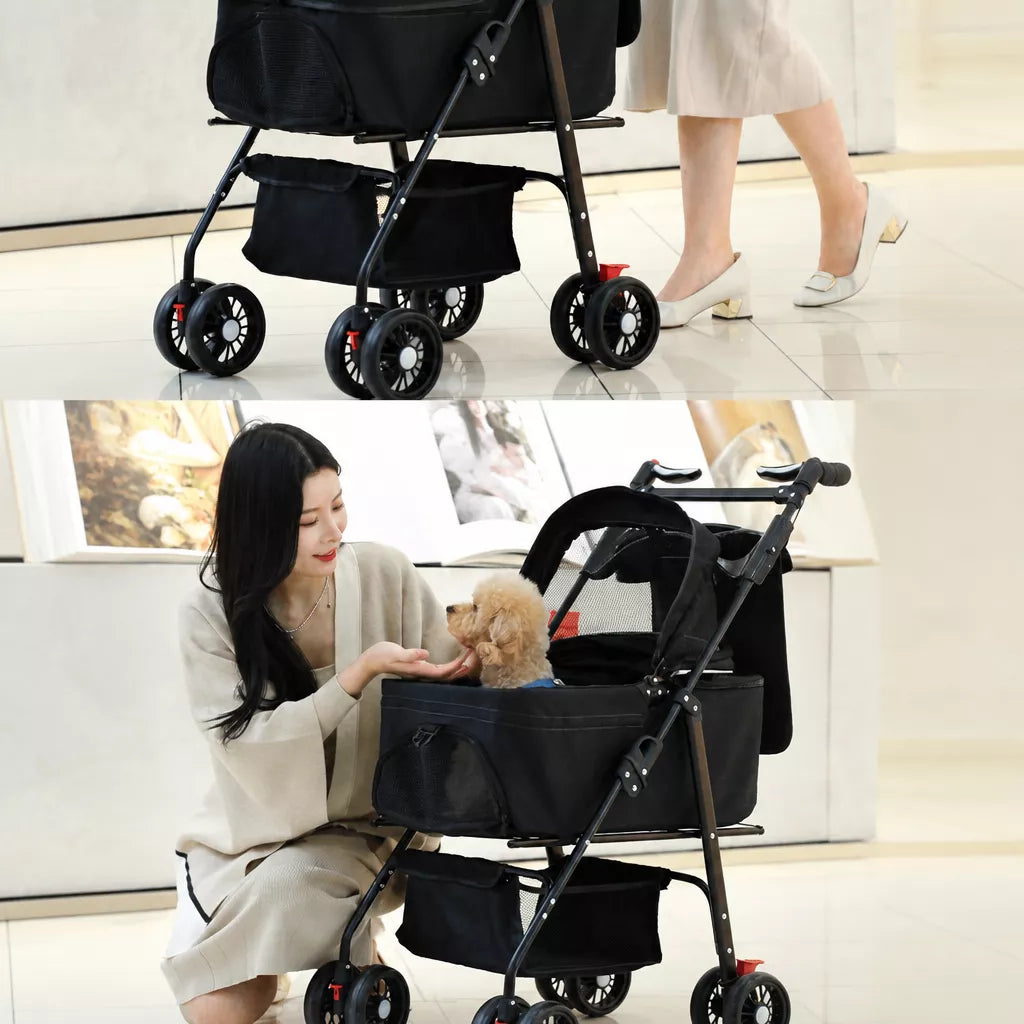 Foldable Pet Stroller with Detachable Carrier and Tray