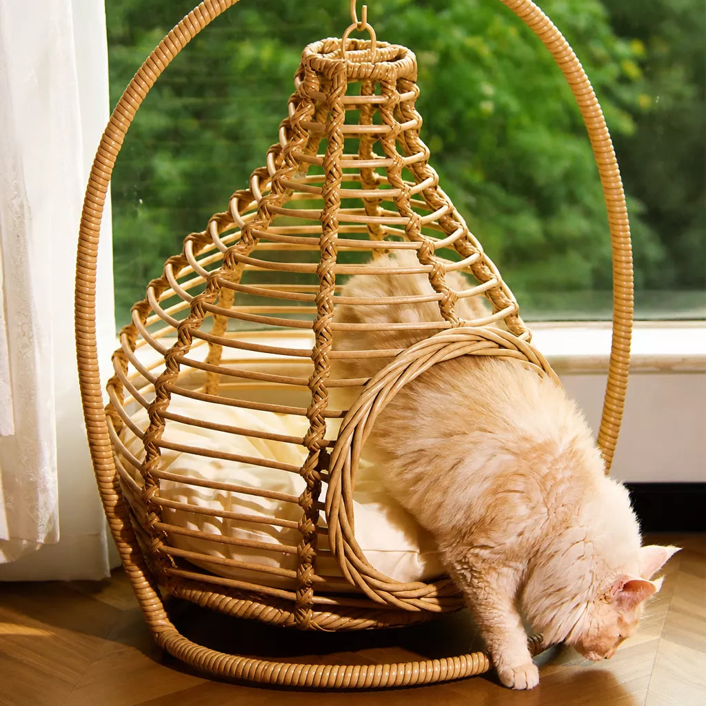 Handwoven Rattan Hanging Pet Bed with Cushion