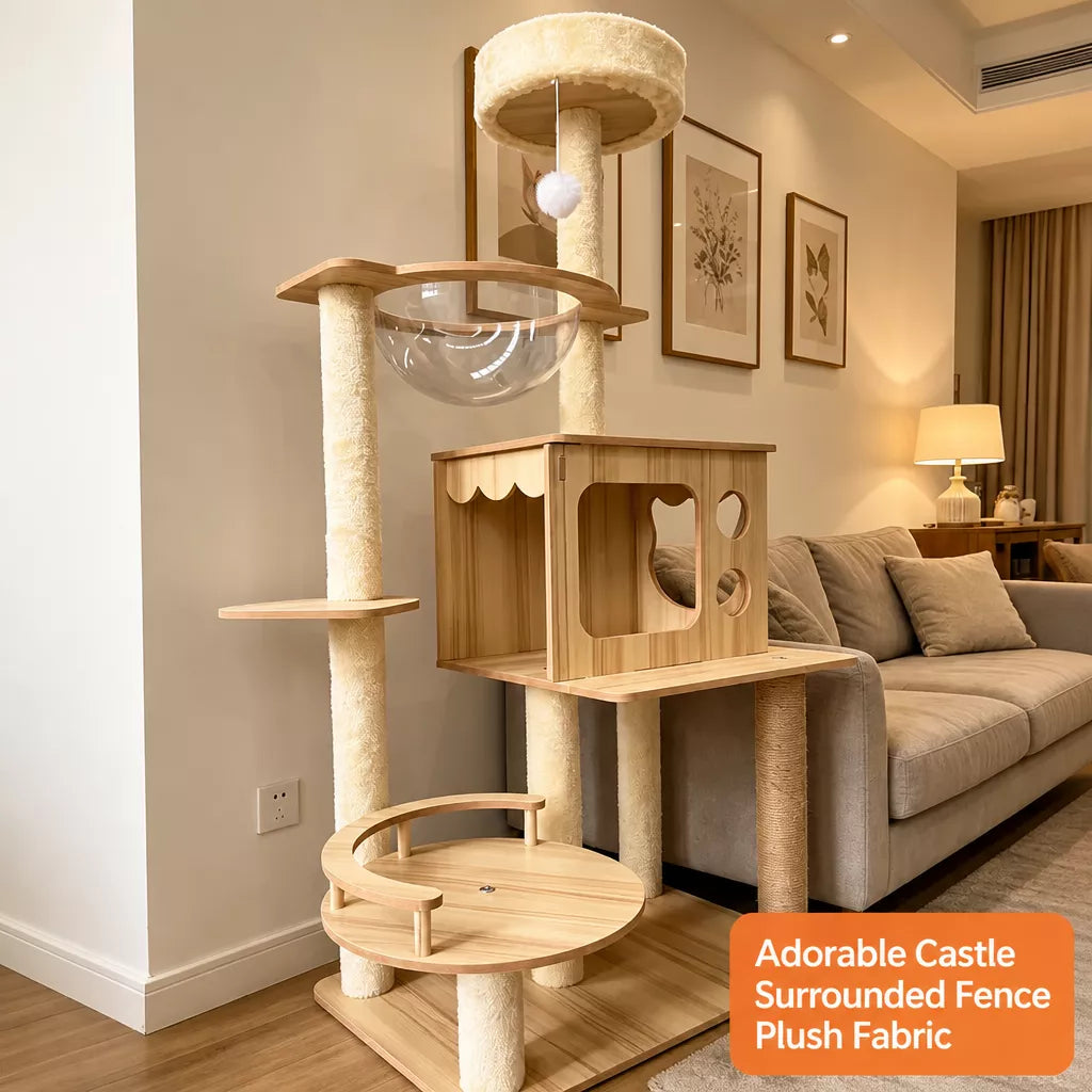 Large Wooden Cat Tree with Cat House, Scratching Post & Capsule Perch
