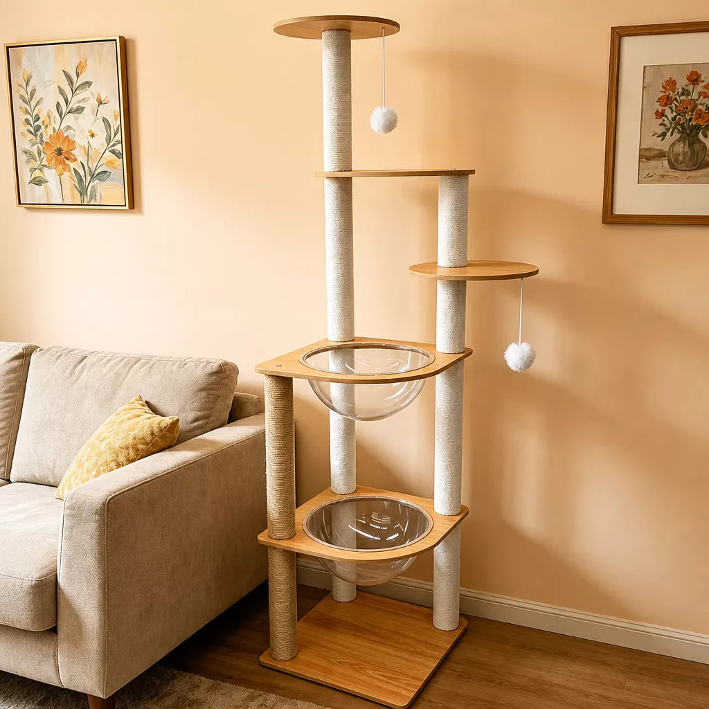 Large Wooden Cat Tree with Cat House, Scratching Post & Capsule Perch