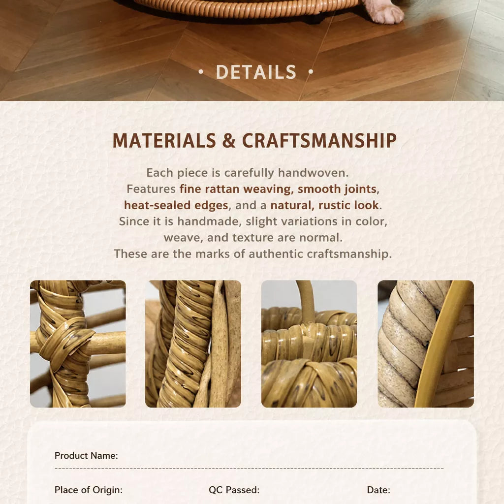 Handwoven Rattan Hanging Pet Bed with Cushion