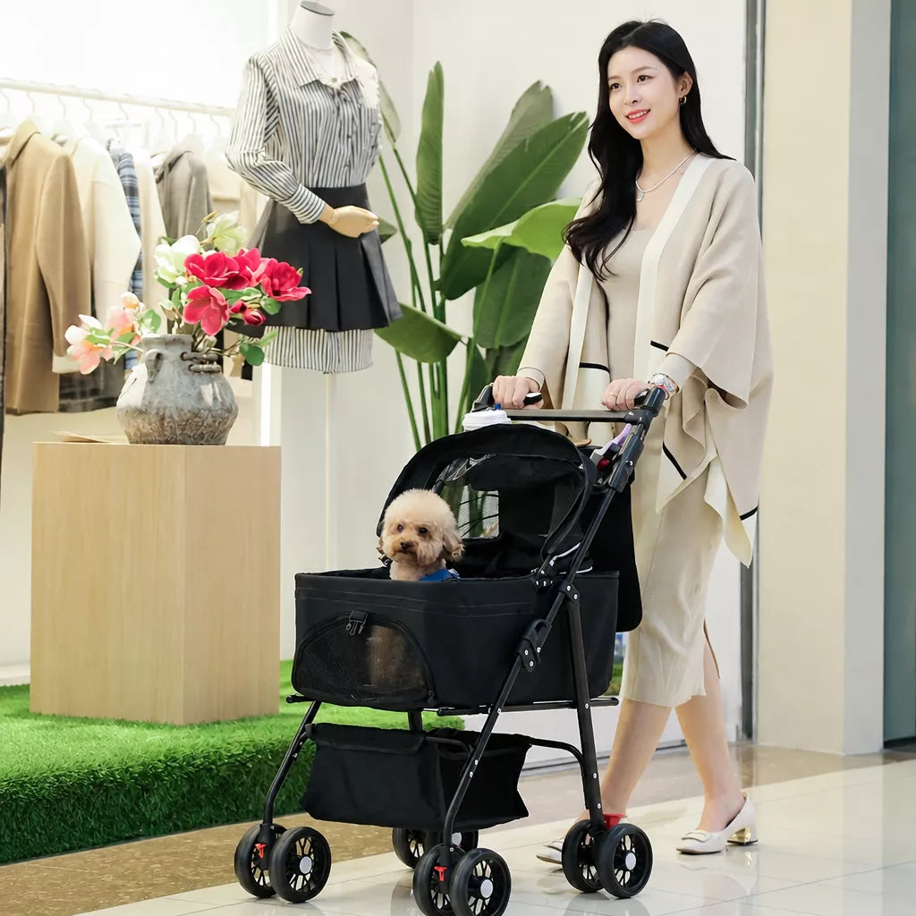 Foldable Pet Stroller with Detachable Carrier and Tray