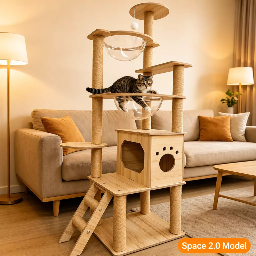 Large Wooden Cat Tree with Cat House, Scratching Post & Capsule Perch