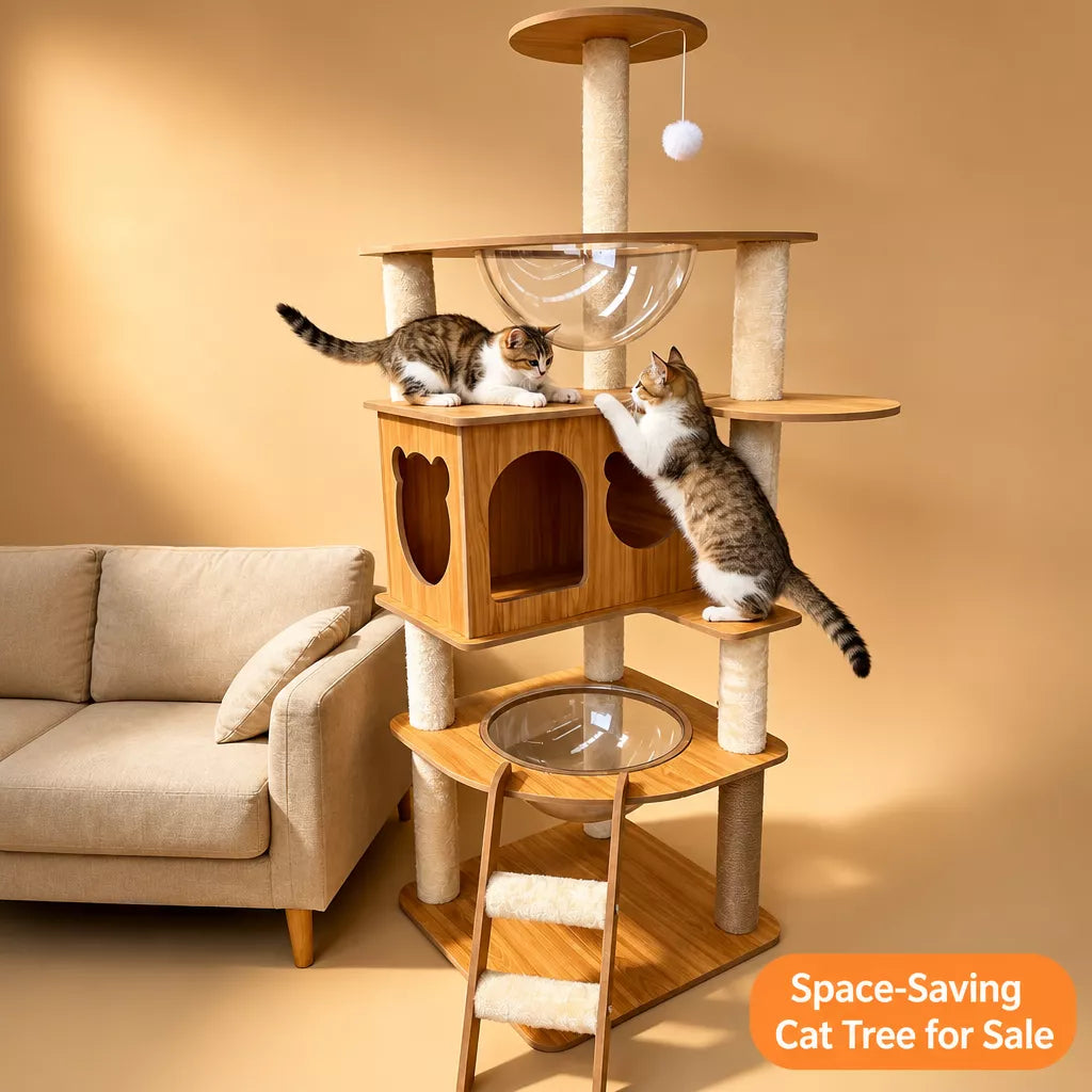 Large Wooden Cat Tree with Cat House, Scratching Post & Capsule Perch