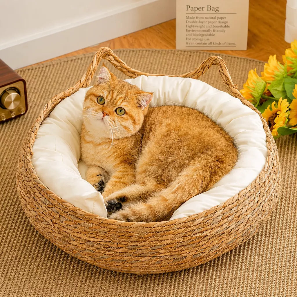 Woven Rattan Cat Bed with Cat-Ear Design