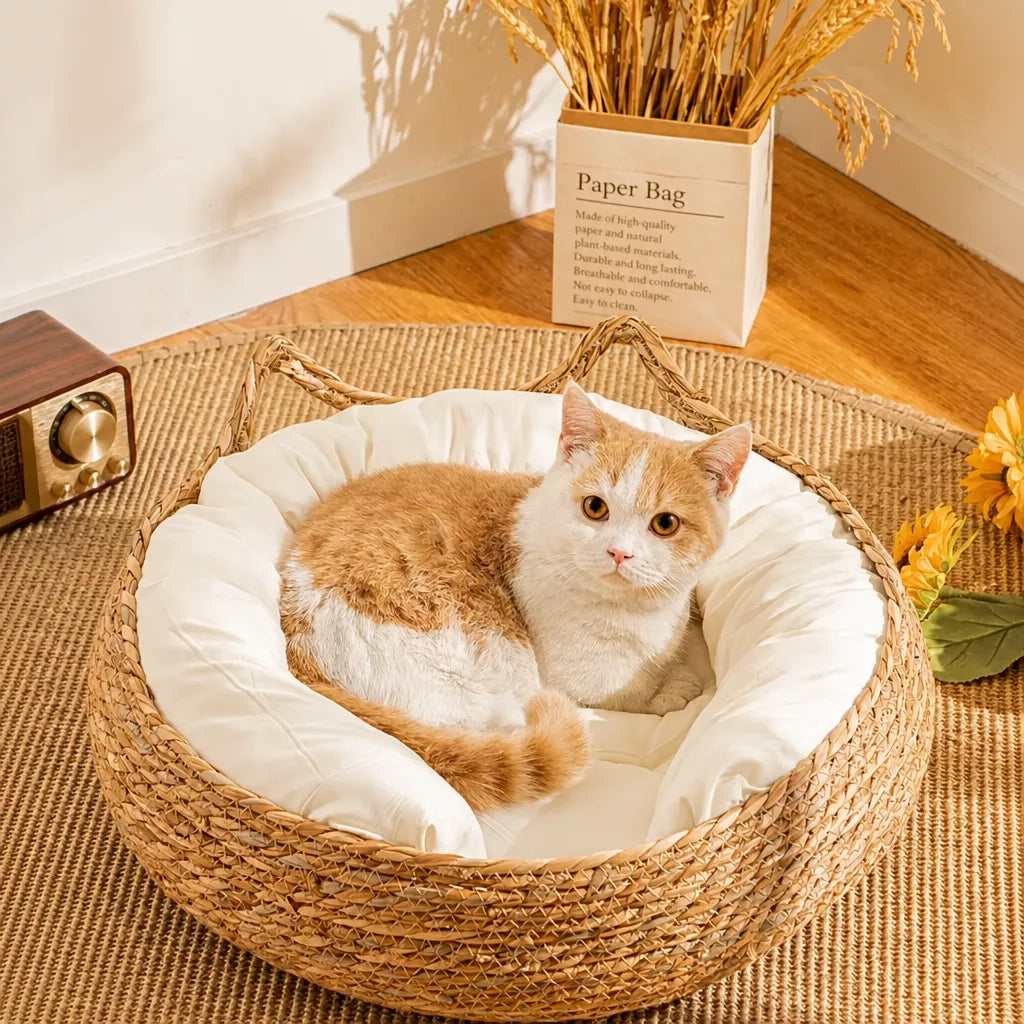 Woven Rattan Cat Bed with Cat-Ear Design