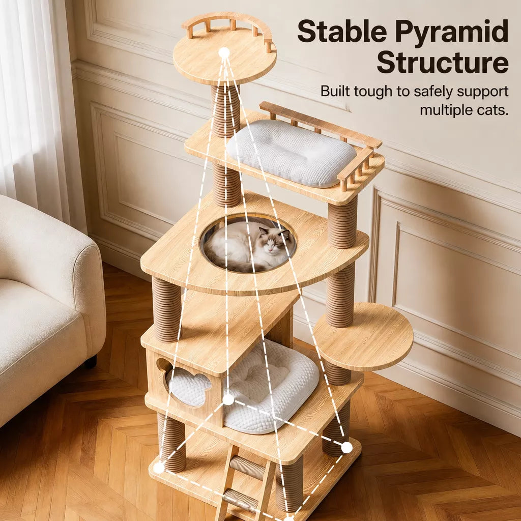 Solid Wood Cat Tree with Hideaways and Climbing Platforms
