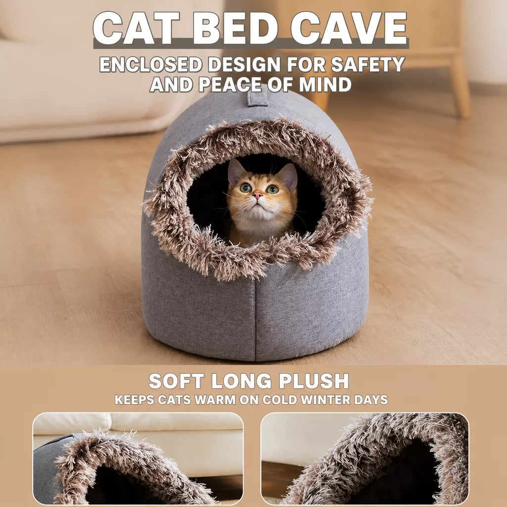 Enclosed Plush Pet Bed with Carry Handle for Cats & Small Dogs
