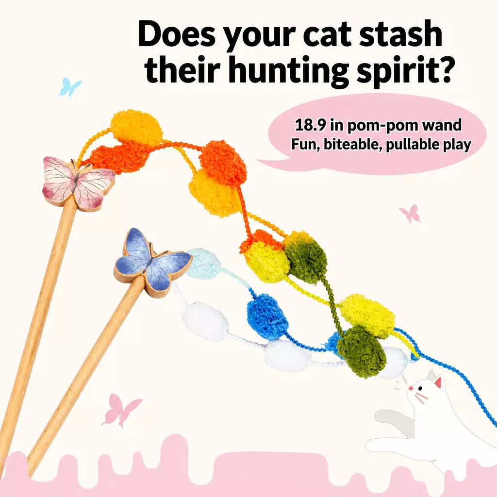 Wooden Cat Wand Toy with Bell and Feather Charms