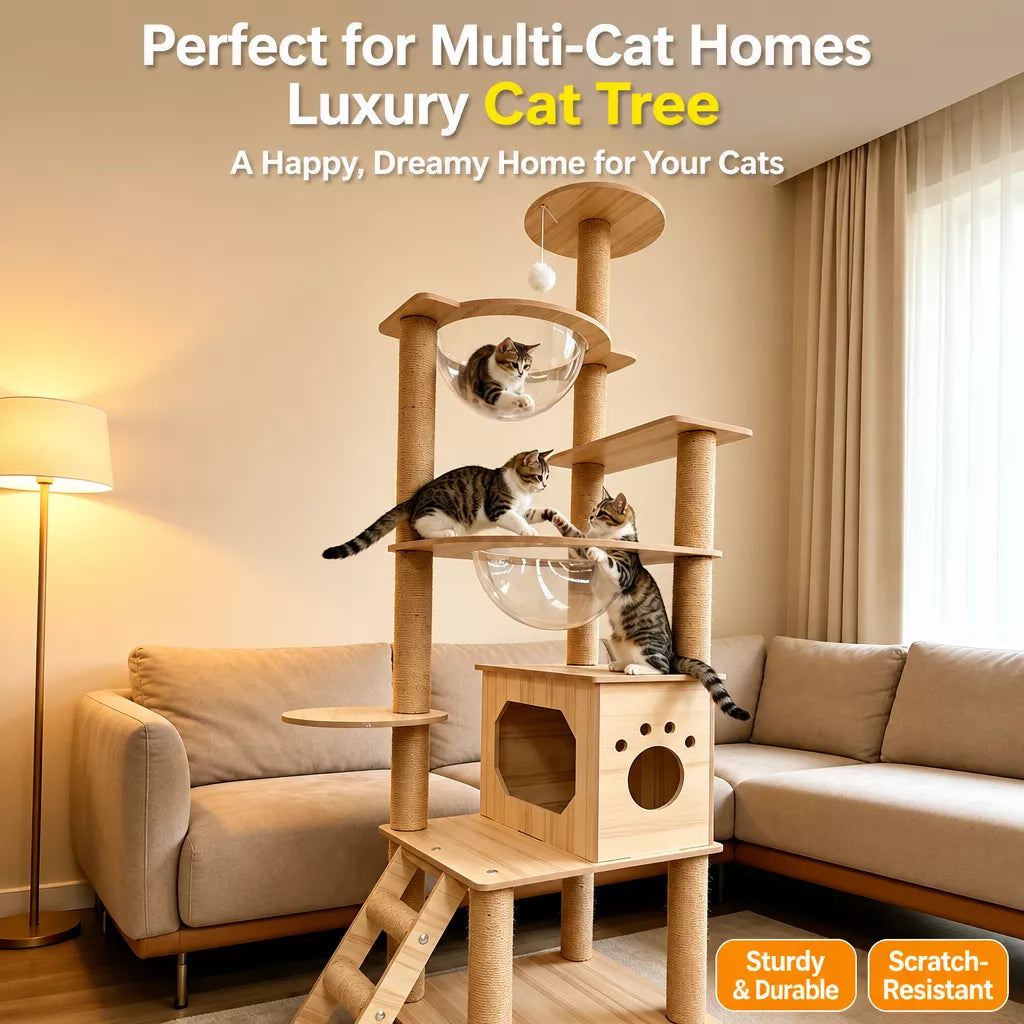 Large Wooden Cat Tree with Cat House, Scratching Post & Capsule Perch