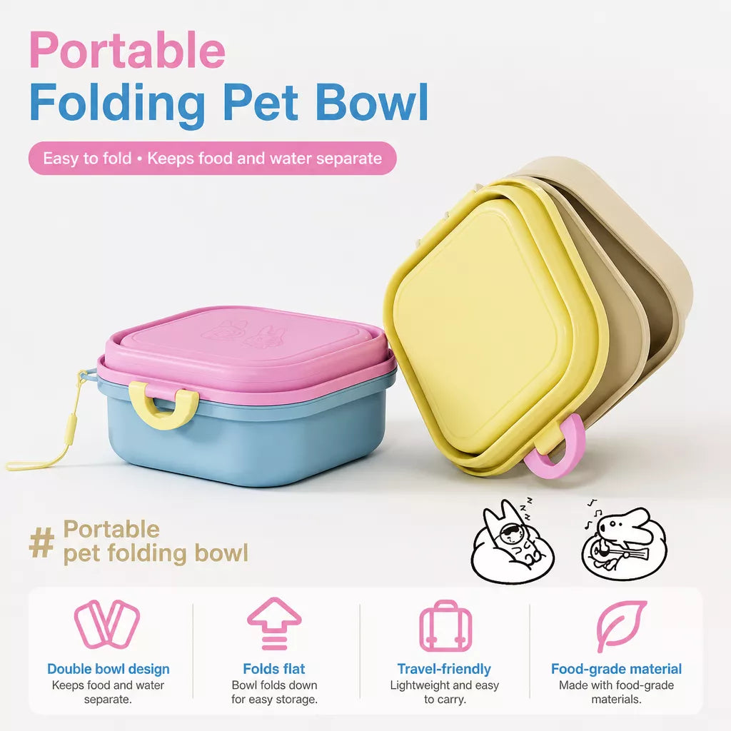 Foldable Double Pet Bowl with Treat Tray, 400 mL Each