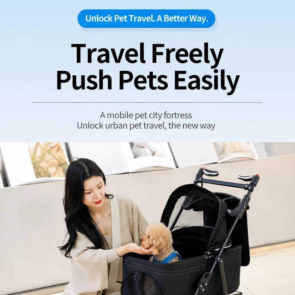 Foldable Pet Stroller with Detachable Carrier and Tray