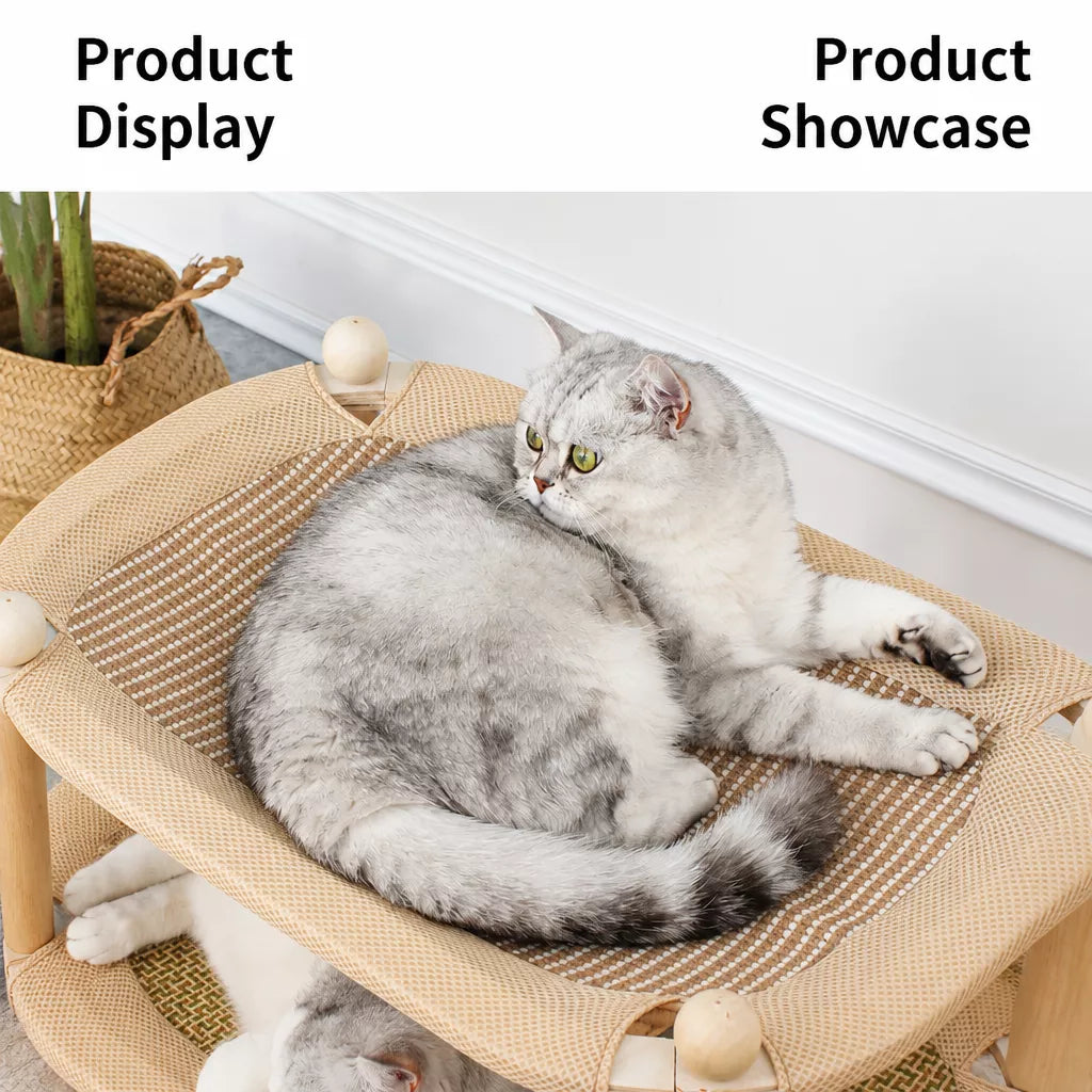 Two-Tier Wooden Cat Bed with Sisal Scratcher and Woven Mats