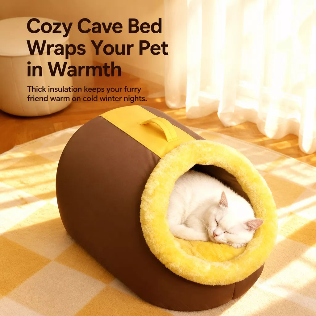 Enclosed Plush Pet Bed with Carry Handle for Cats and Small Dogs