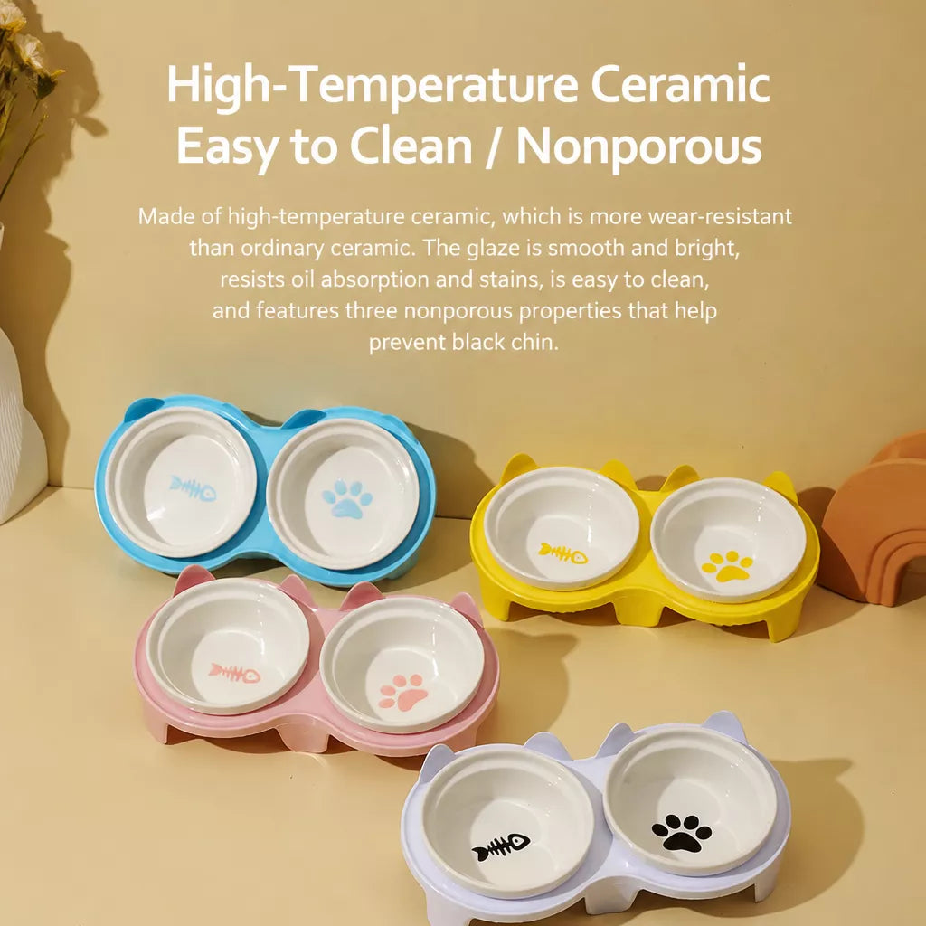 Elevated Pet Bowl Stand with Double Ceramic Bowls