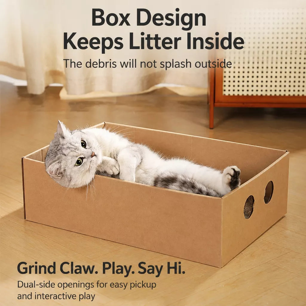 Corrugated Cardboard Cat House with Integrated Scratcher
