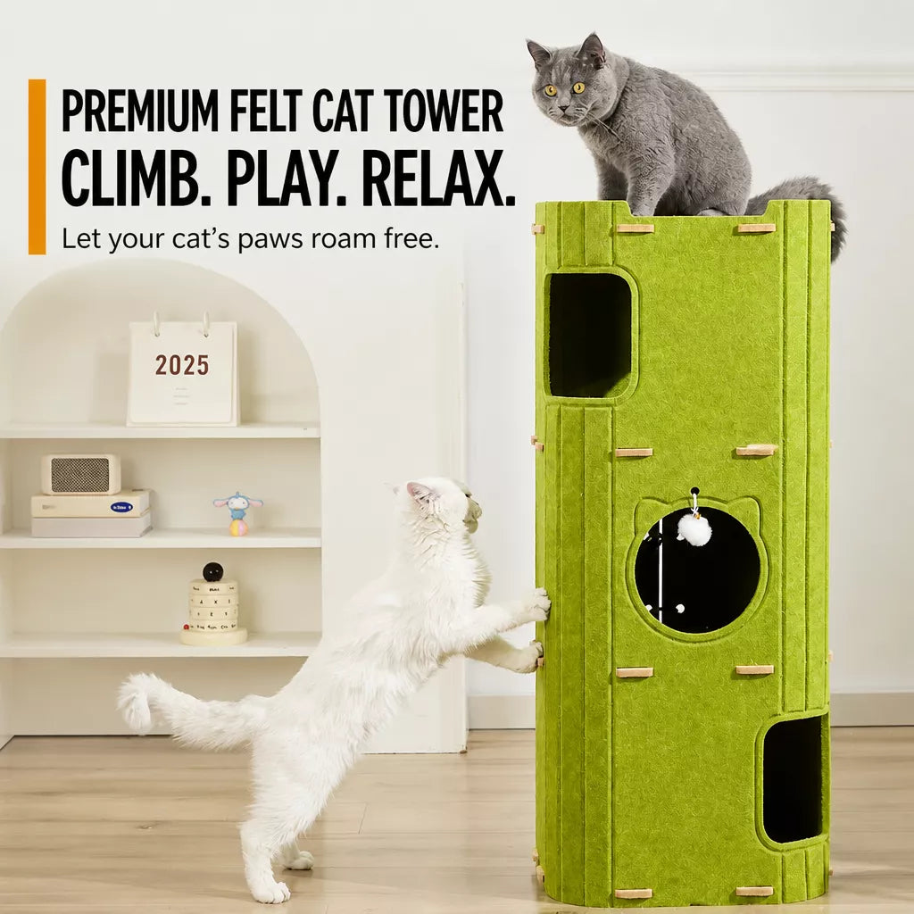 Multi-Level Felt Cat Tree with Enclosed Hideaway