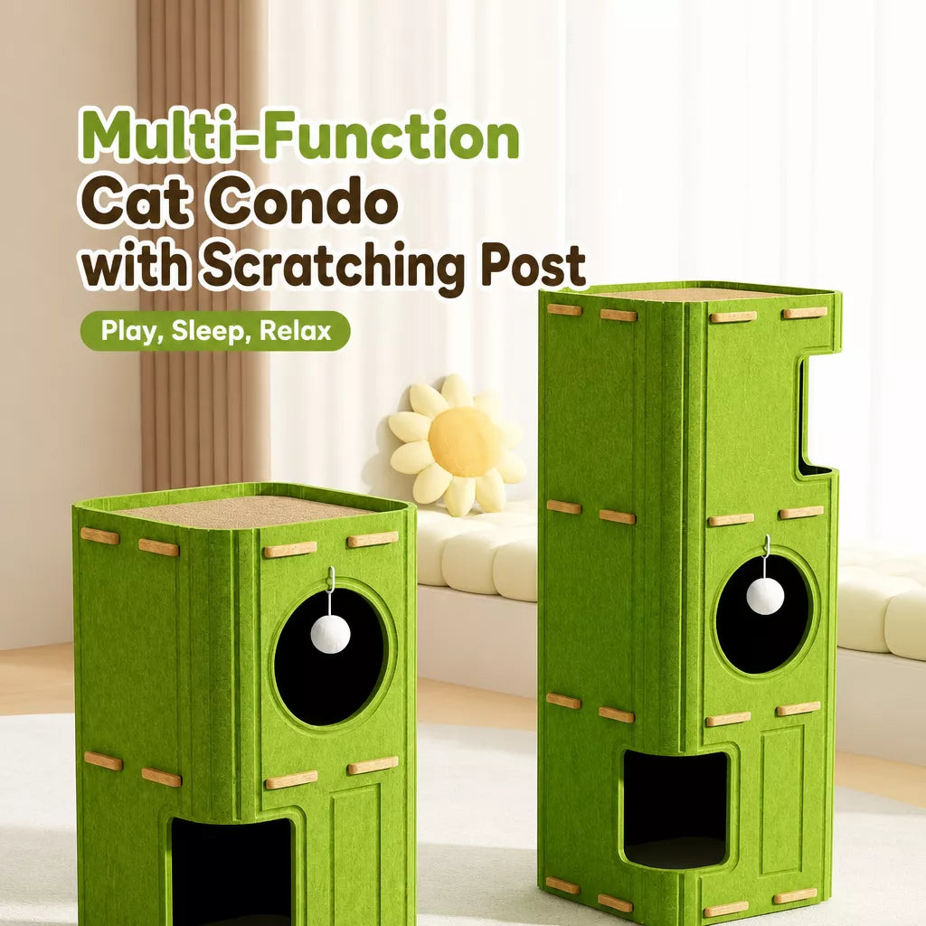 4-Tier Solid Wood Cat Tree with Enclosed House and Scratching Board