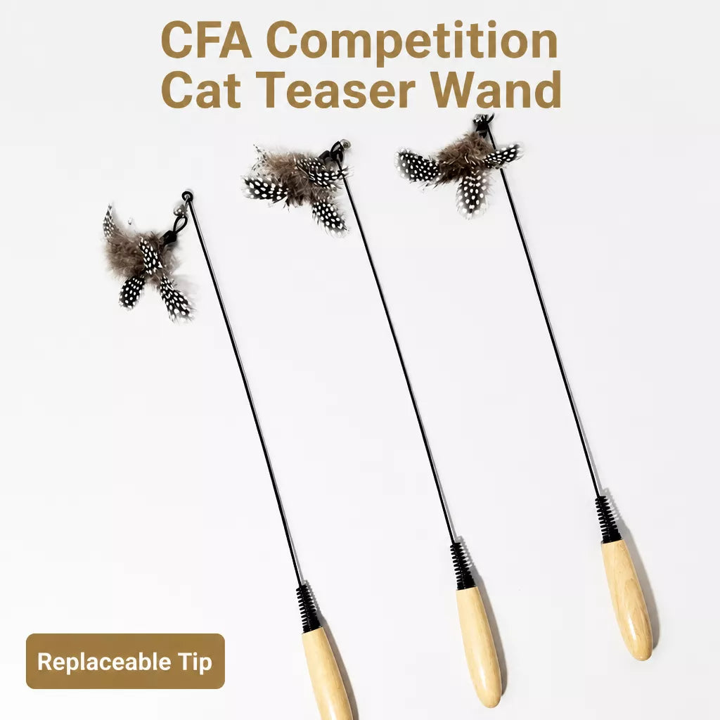 Wooden Cat Teaser Wand with Detachable Feather Bell Attachment