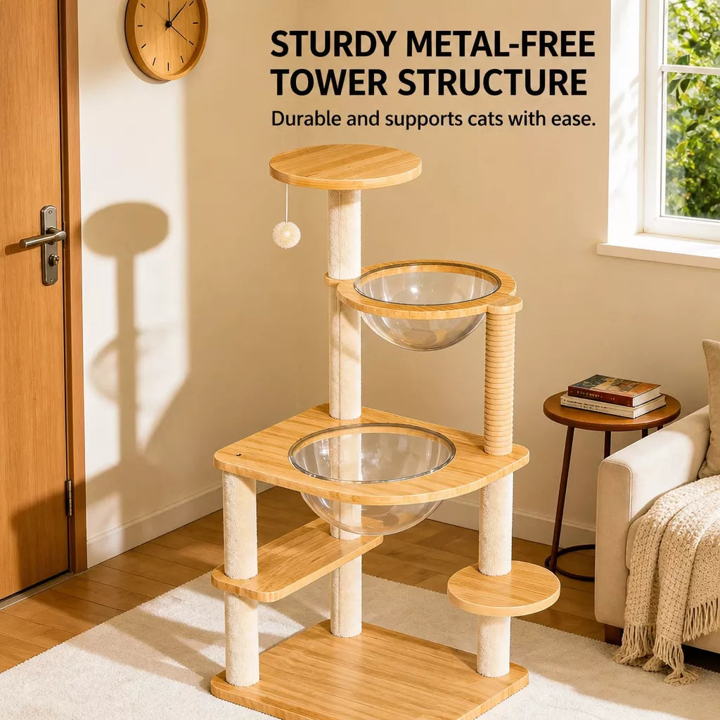 Solid Wood Cat Tree with Enclosed Cat Spaces and Platforms
