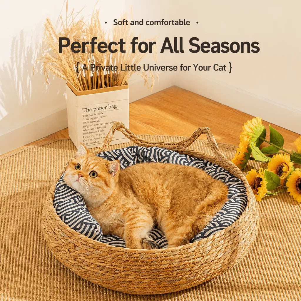 Woven Rattan Cat Bed with Cat-Ear Design