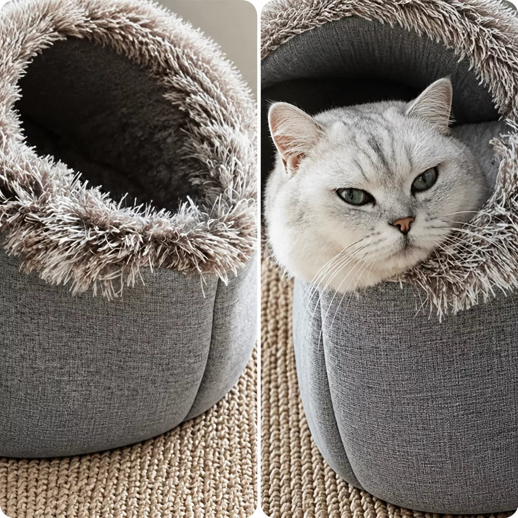 Enclosed Plush Pet Bed with Carry Handle for Cats & Small Dogs
