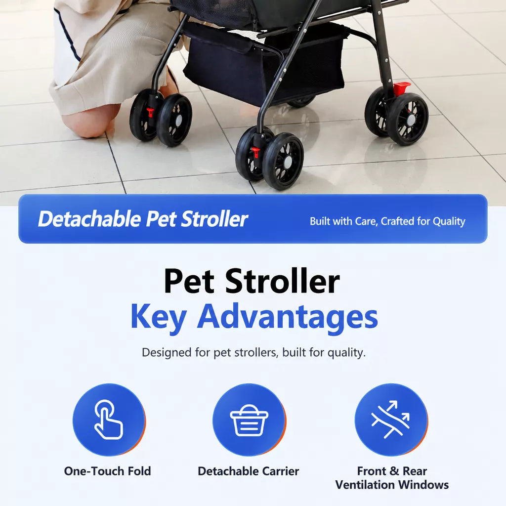 Foldable Pet Stroller with Detachable Carrier and Tray