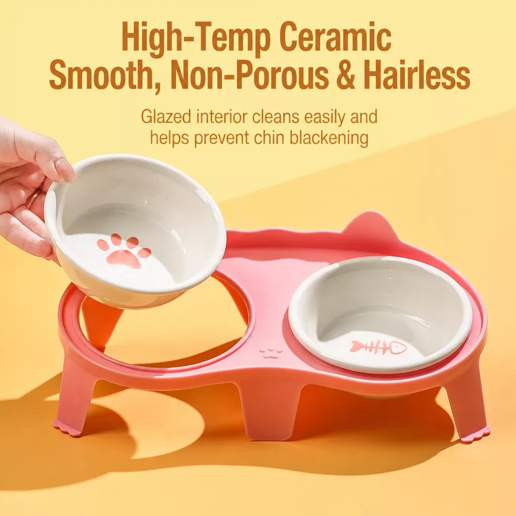 Ceramic Double Cat Bowls with Stand