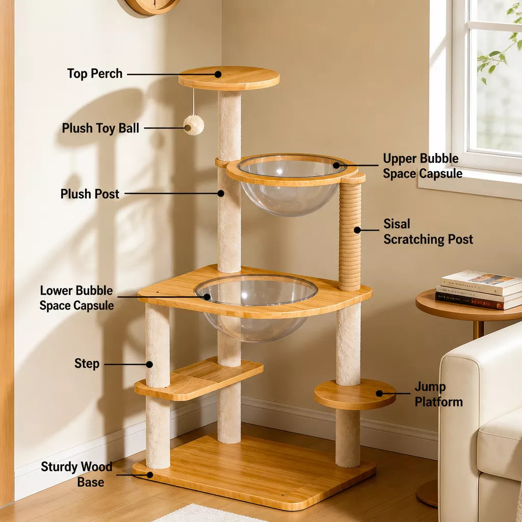 Solid Wood Cat Tree with Enclosed Cat Spaces and Platforms