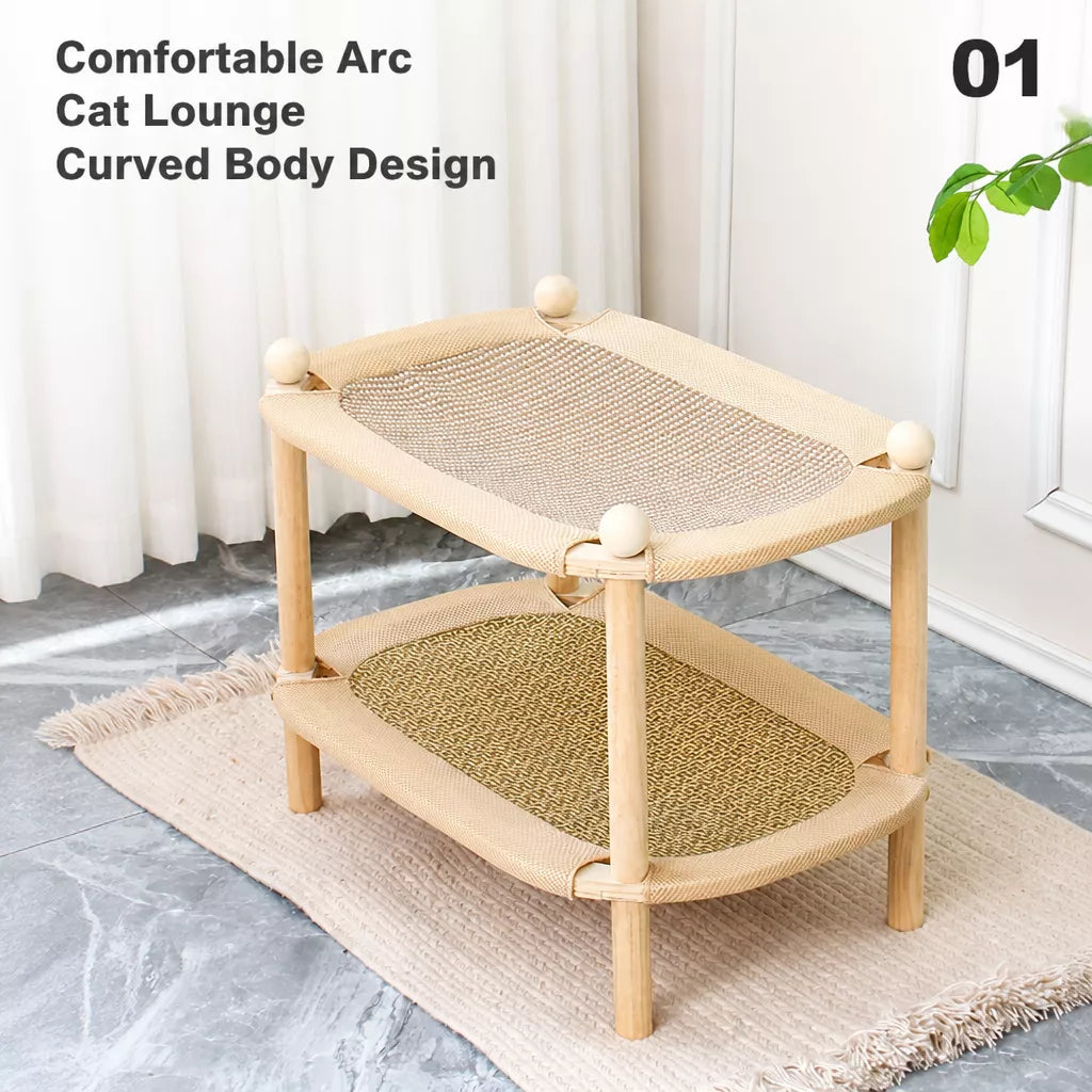 Two-Tier Wooden Cat Bed with Sisal Scratcher and Woven Mats