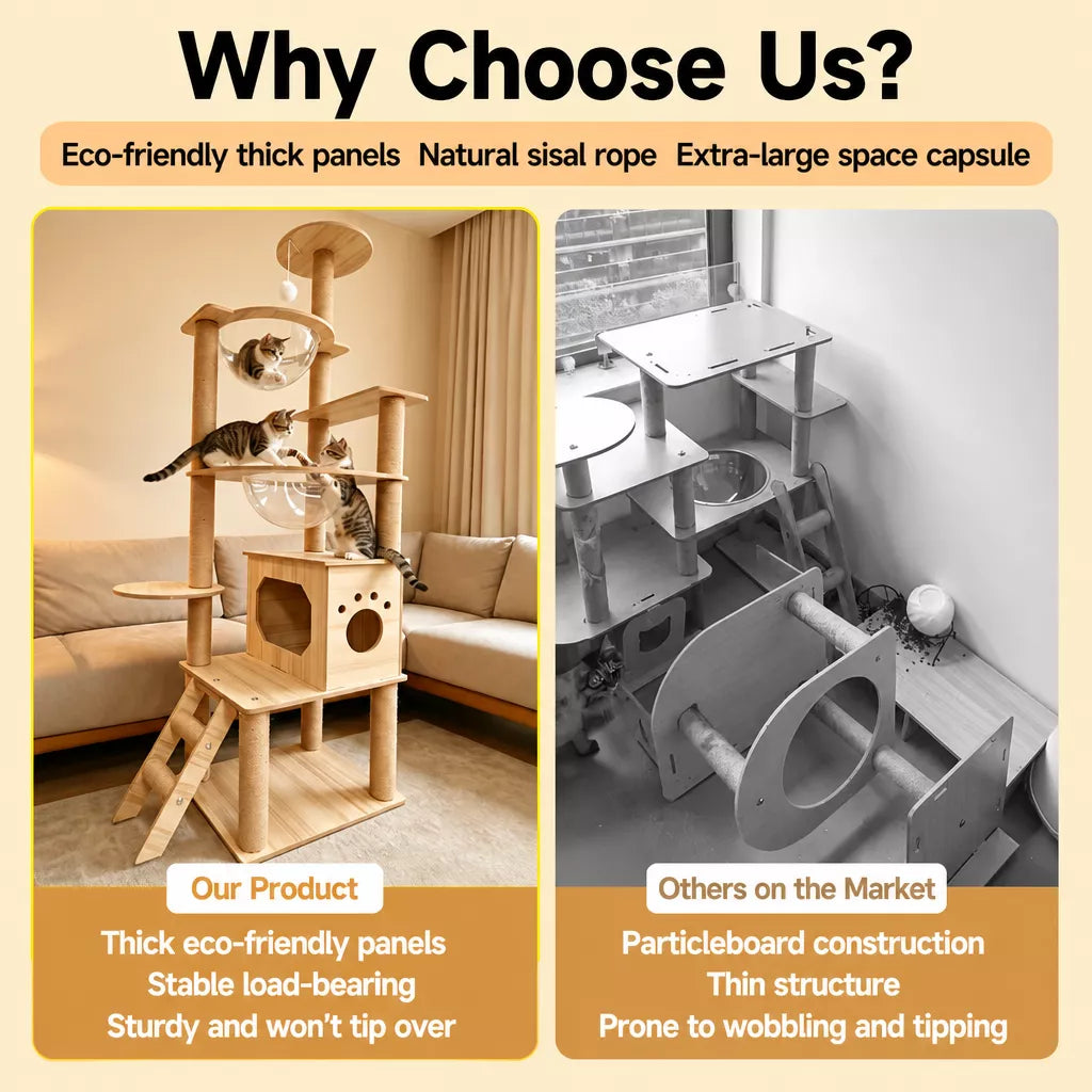 Large Wooden Cat Tree with Cat House, Scratching Post & Capsule Perch