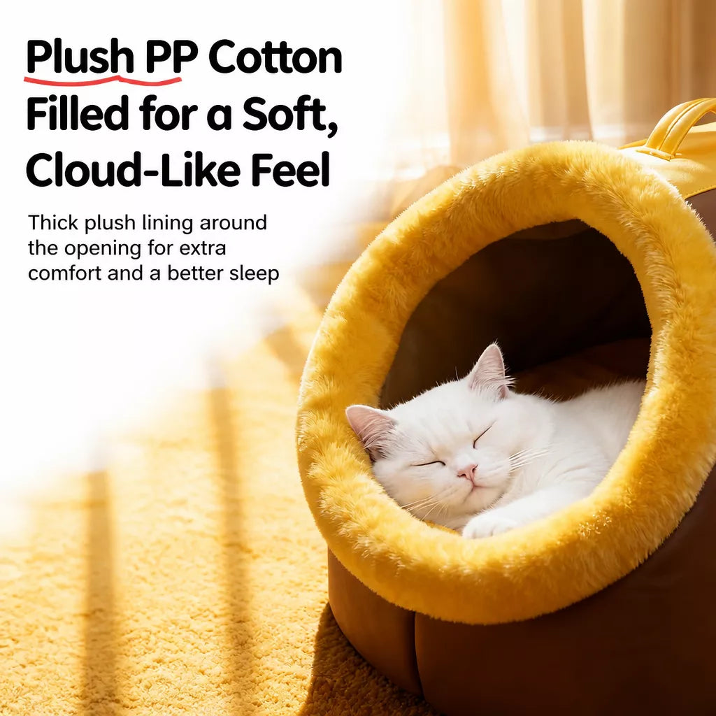 Enclosed Plush Pet Bed with Carry Handle for Cats and Small Dogs
