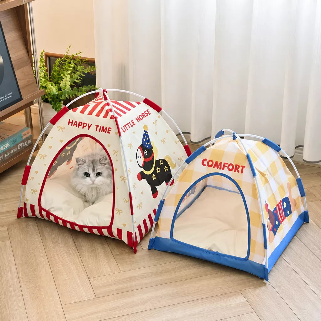 Semi-Enclosed Foldable Pet Tent Bed for Cats and Small Dogs