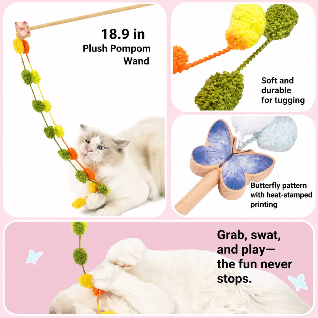 Wooden Cat Wand Toy with Bell and Feather Charms