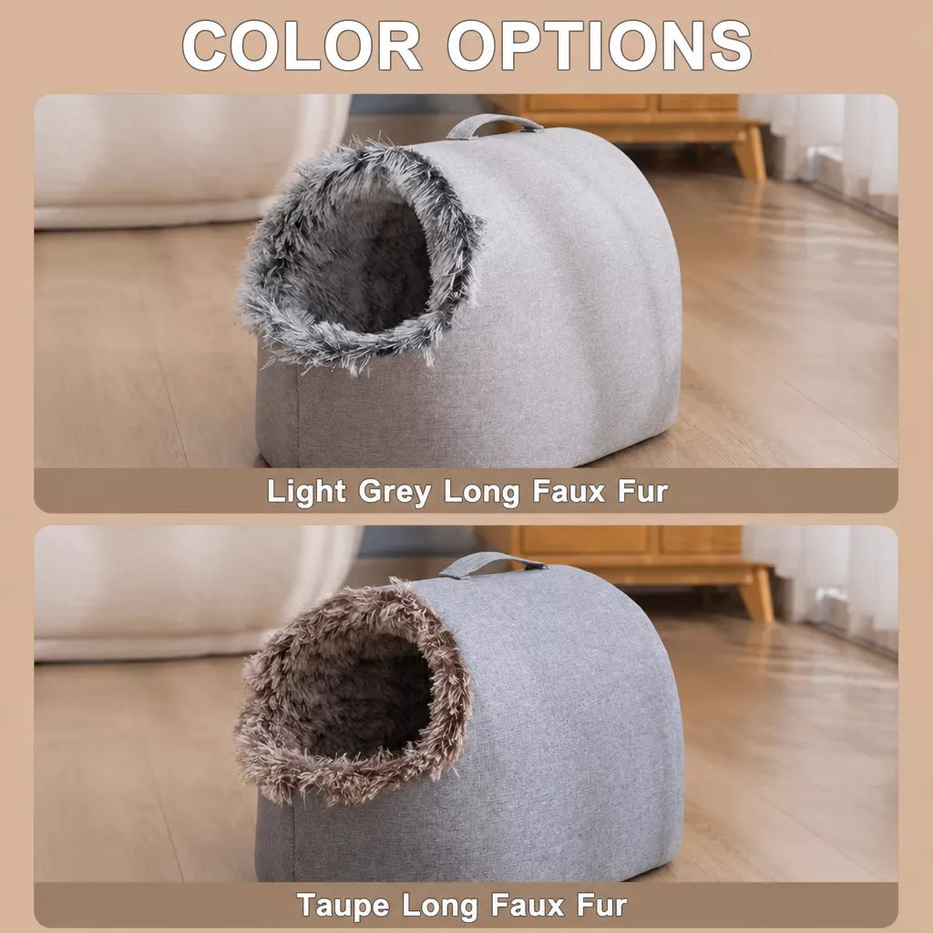 Enclosed Plush Pet Bed with Carry Handle for Cats & Small Dogs