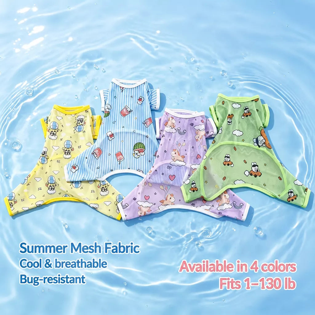 Summer Mesh Four-Leg Dog Outfit with Cartoon Print