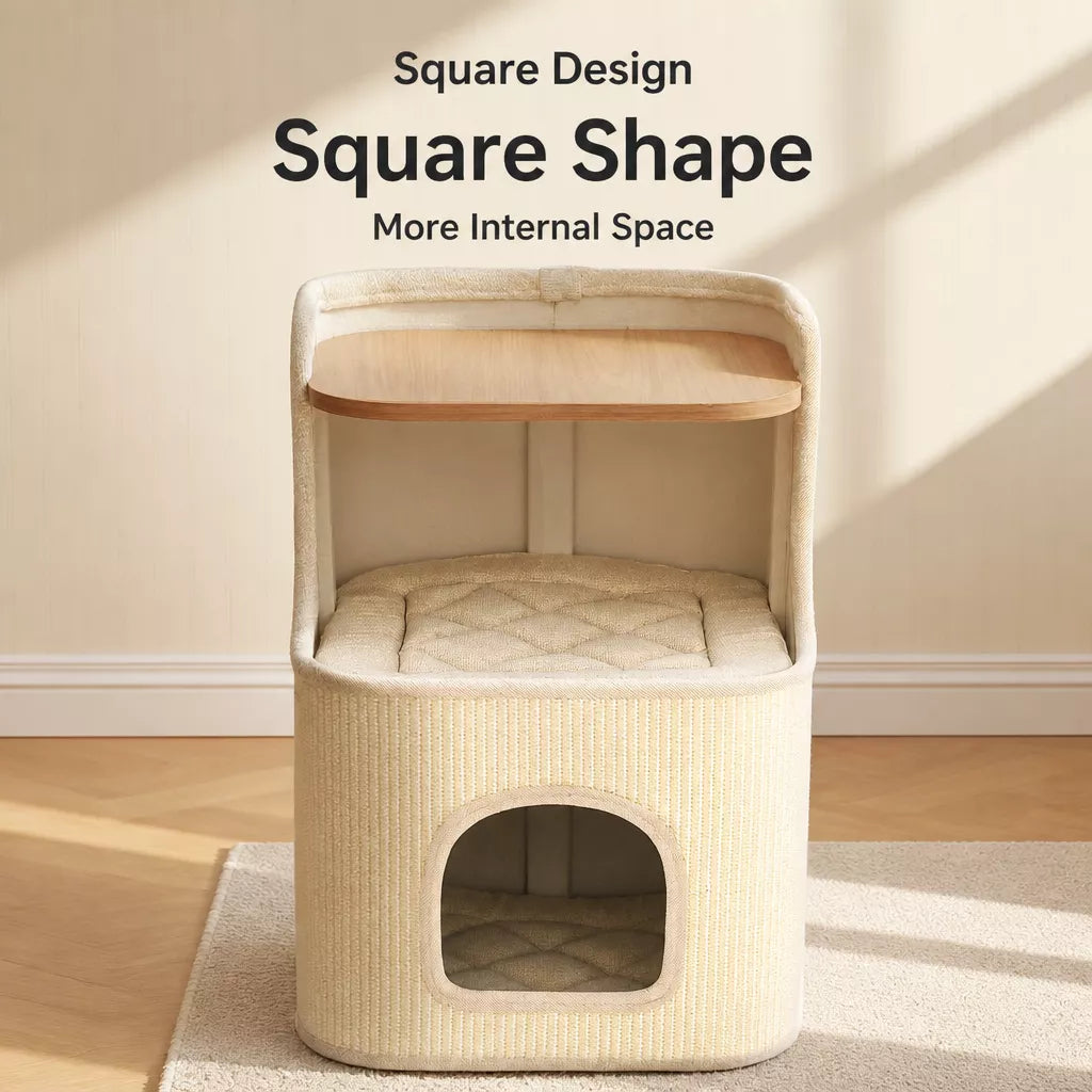 Two-Level Square Sisal Cat Scratching Barrel with Cat Bed