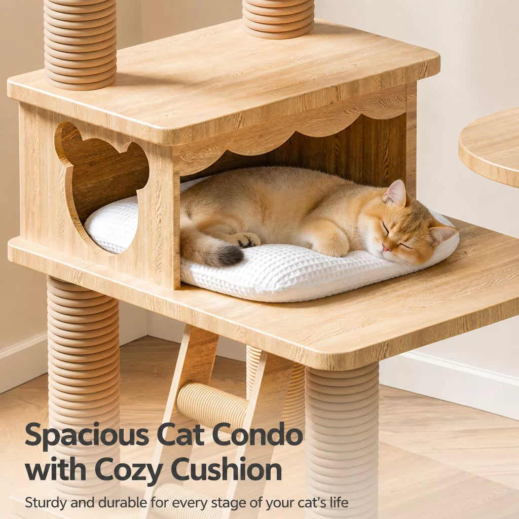 Solid Wood Cat Tree with Hideaways and Climbing Platforms