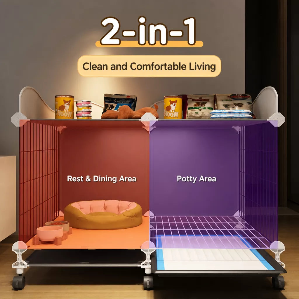 Indoor Dog Crate with Toilet Tray and Separate Living Area