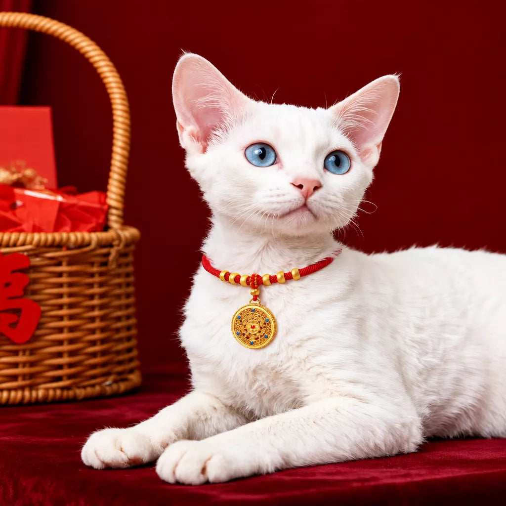 Red Chinese New Year Pet Collar with Decorative Copper Charm