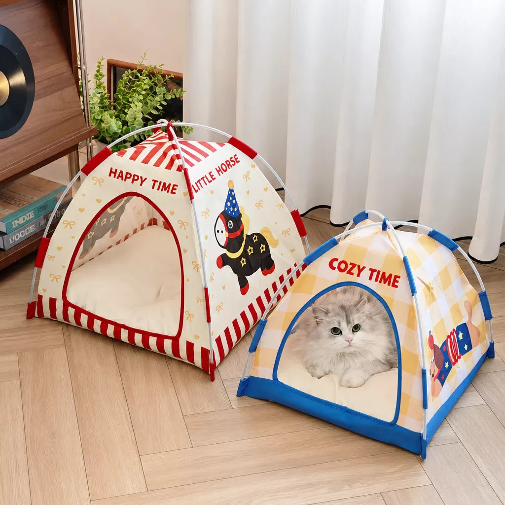 Semi-Enclosed Foldable Pet Tent Bed for Cats and Small Dogs