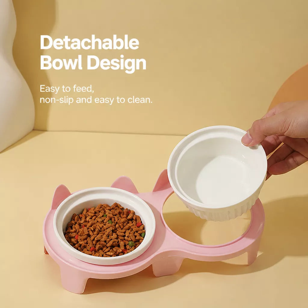 Elevated Pet Bowl Stand with Double Ceramic Bowls