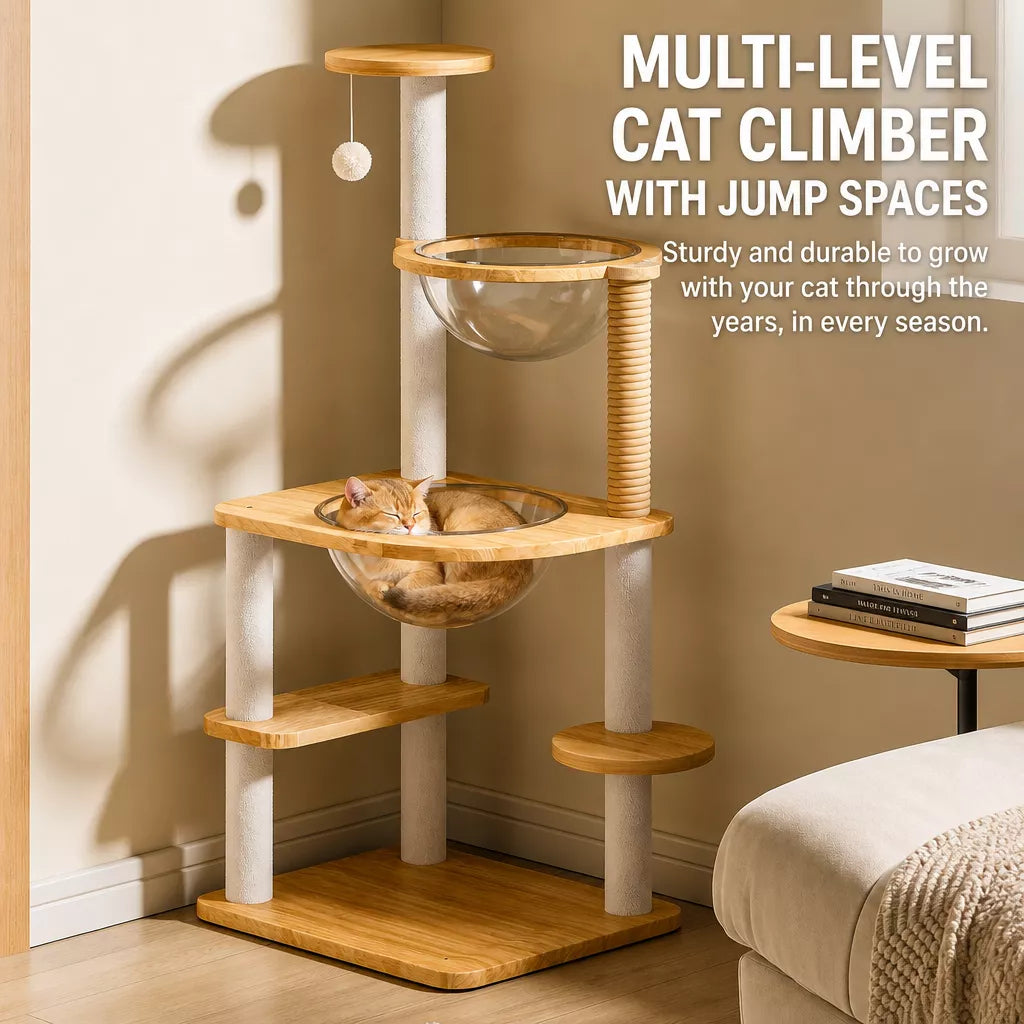 Solid Wood Cat Tree with Enclosed Cat Spaces and Platforms